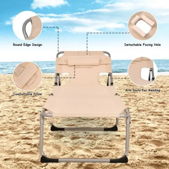Tangkula Portable Beach Chaise Lounge Chair Folding Reclining Chair w/ Facing Hole Beige image {6}