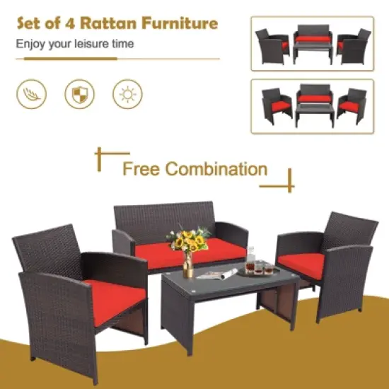Tangkula 8PCS Outdoor Patio Furniture Sets Weather-Resistant Rattan Sofas w/ Soft Cushion Red image {4}