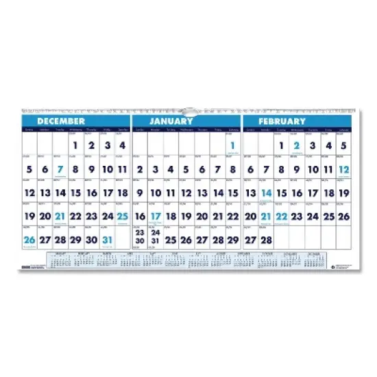 Recycled Three-Month Format Wall Calendar, Horizontal Orientation, 17 x 8, White Sheets, 14-Month: Dec 2025 to Jan 2027 image {4}