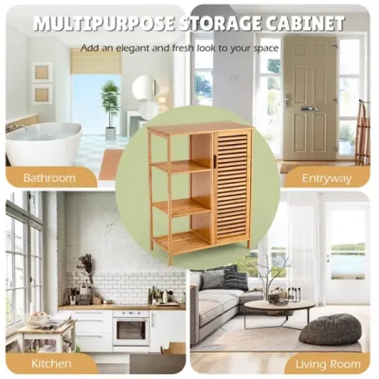 Costway Bathroom Cabinet Bamboo Storage Floor Cabinet w/ Single Door & 3 Open Shelves image {9}