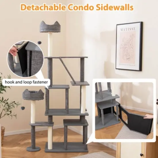 Costway 71&rdquo; Tall Cat Tree Multi-Level Large Cat Tower w/ Scratching Posts for Indoor Adult Cats & Kittens image {8}