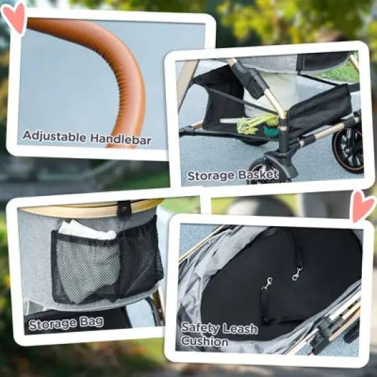 PawHut 3 in 1 Dog Stroller with Detachable Cabin, 4 Wheel Folding Lightweight Pet Stroller with Adjustable Canopy, Rubber Wheels, for Small Dogs, Gray image {4}