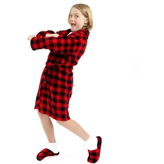 Sleep On It Boys Red Buffalo Plaid Plush Fleece Shawl Collar Robe with Matching Slippers image {4}