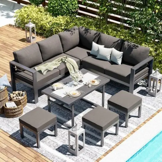 COWLOWN 7 Piece Dark Gray Modern Aluminum Outdoor Furniture Sofa Set with Conversation Table and Chairs, Ideal for Lawn, Backyard & Deck image {4}