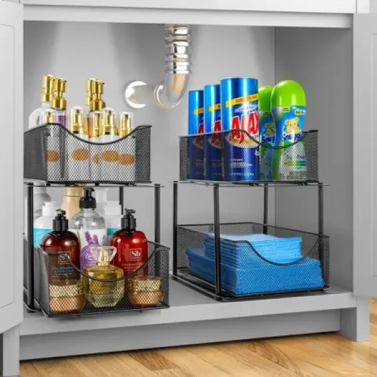 Sorbus 2 Pack 2 Tier Baskets with Mesh Sliding Drawers - Ideal Cabinet, Under the Sink, etc - Great for Bathroom, Kitchen, Office, etc. image {1}
