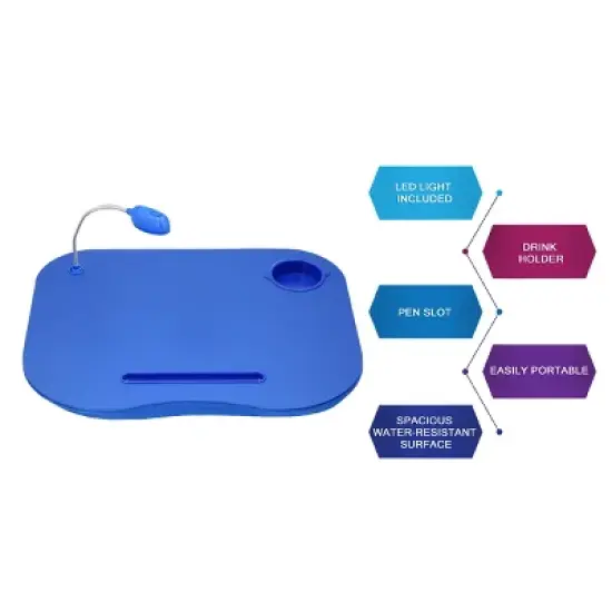 Hastings Home Portable Cushioned Lap Desk with Removable Gooseneck LED Light, Cup Holder, and Pen Slot - Blue image {2}