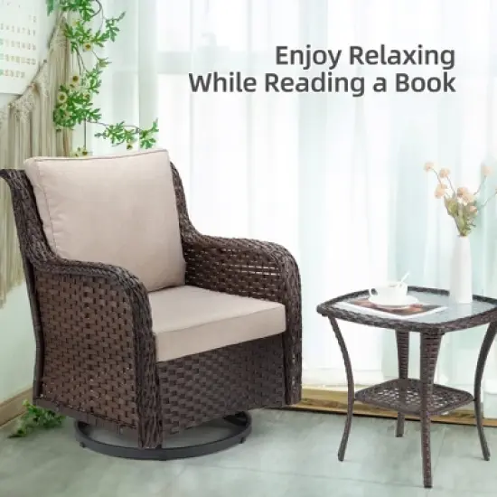 Outdoor Swivel Wicker Glider Patio Chairs with Table Set, 3PCS Outdoor Bistro Set with 4inch Thick Cushions and Coffee Table for Porch, Balcony image {5}