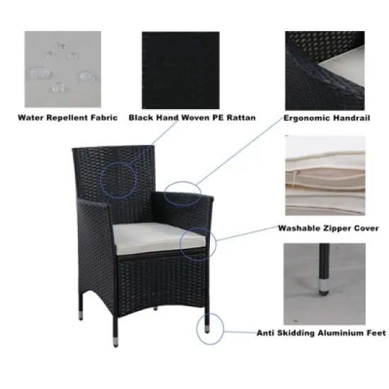 Mshliw 5-Piece Outdoor Patio Wicker Dining Set, Black Wicker with Acacia Wood Top and Creme Cushions for Garden, Courtyard, or Balcony image {6}