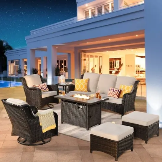 Ovios Orlando 7pc Brown Wicker Outdoor Patio Furniture Conversation Sofa Set with a Rectangle Fire Pit, Swivel Chairs and Cushions image {14}