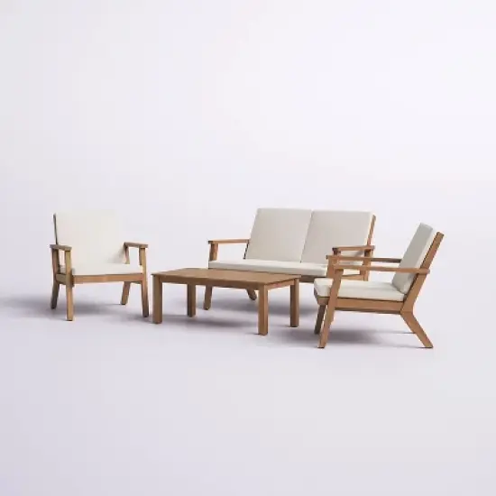FIONECA 4-Seater Outdoor Acacia Wood Chat Set &uml;C Loveseat, 2 Club Chairs & Coffee Table, Brown Patina + Cream Cushions image {1}