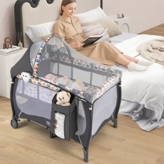 Infans 4 in 1 Portable Baby Playard w/Bassinet, Changing Table, Lockable Wheel, Foldable Travel Baby Crib Nursery Center, Gray, Elephant image {1}