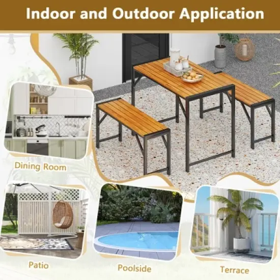 Tangkula 3 PCS Dining Set for 4 People Outdoor Picnic Table & 2 Benches w/ Metal Frame image {9}