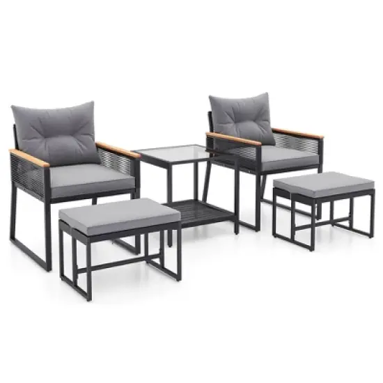 Costway 5 Piece Outdoor Conversation Set Rattan Armchairs with 2-Layer Side Table image {9}