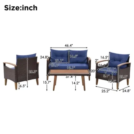 FIONECA 4-Piece Patio Furniture Set, PE Rattan Outdoor Sofa with Cushions & Wood Table, Garden Conversation Set, Brown & Blue image {6}