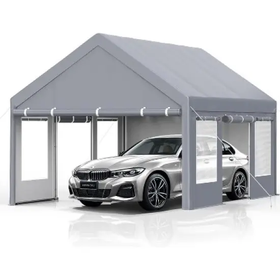 13 x 20 FT Metal Carport, with Side-Opening Door & Roll-Up Windows, All-Inclusive Metal Carport, Outdoor Portable Garage Shelters Tents, Grey image {7}