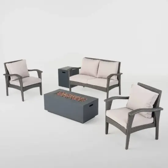 5pc Wicker Chat Set with Fire Table - Gray/Light Gray/Dark Gray - Christopher Knight Home image {16}