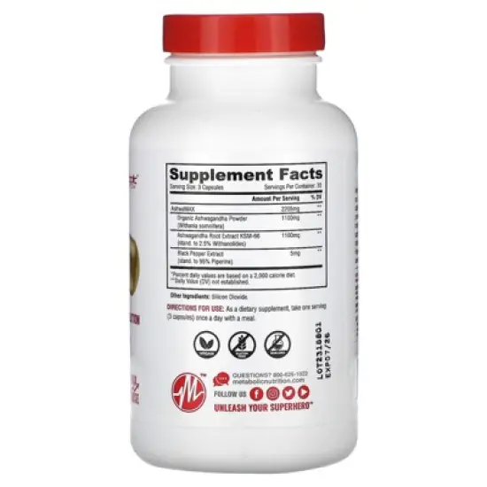 Metabolic Nutrition Ashwagandha 2200mg Made with Organic Ashwagandha Powder and Black Pepper Extract, 90 Vegan Capusles image {1}
