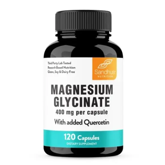 Sandhu's Magnesium Glycinate 400mg Capsules with Quercetin (120 capsules) for Quality Sleep, Relaxation, Muscle, Bone Health & Immune Support image {8}