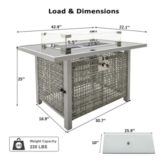 43" Propane Gas Fire Pit Table, 60000 BTU Rectangular Open Weave Wicker Fire Pit with Glass Wind Guard for Outside Patio Deck Garden Backyard - Grey image {8}