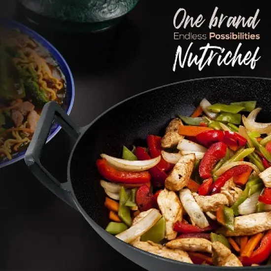 NutriChef Pre Seasoned Nonstick Cooking Wok Cast Iron Kitchen Stir Fry Pan with Wooden Lid for Gas, Electric, Ceramic, & Induction Countertops, Black image {4}