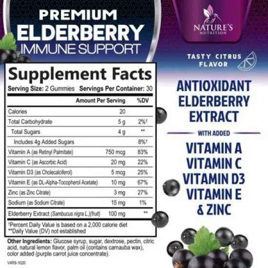 Immune Support Gummies, Sambucus Elderberry Gummy Elder Berry Extract, Zinc & Vitamin C, Vegan Immune Support - 60 Gummies By Nature's Nutrition image {1}