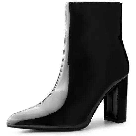 Perphy Women's Patent Pointed Toe Side Zip Chunky Heel Ankle Boots image {5}