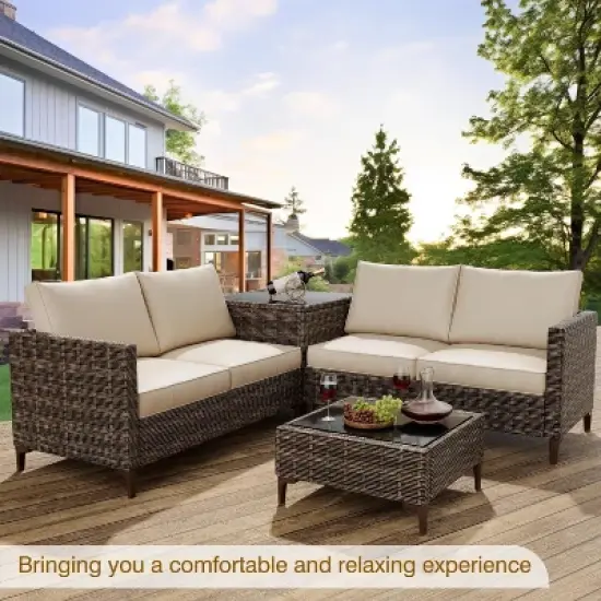 Acekool 4 Piece Black PE Wicker Patio Furniture Set with Storage Table, Sectional Conversation Sofa, Glass Top & Beige Cushions for Outdoor Spaces image {3}