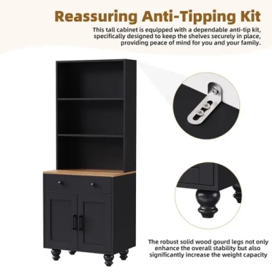 63.00"Farmhouse Storage Cabinet with 4 Solid Wood Gourd-Shaped Legs, Modern Kitchen Pantry Cabinet with Adjustable Shelves, Black image {8}