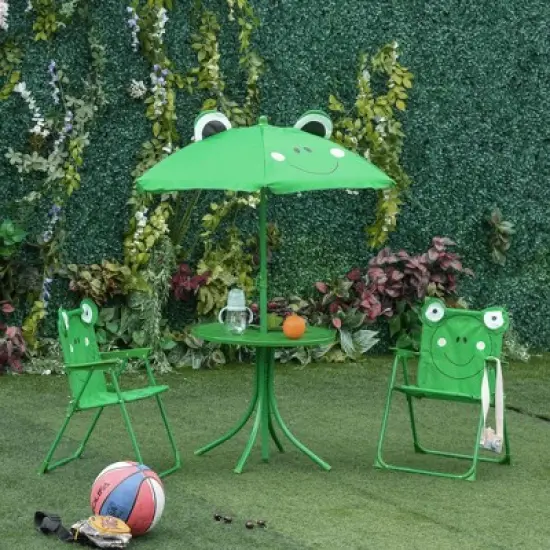 Outsunny Folding Kids Table and Chair Set, Picnic Table with Frog Pattern Removable & Height Adjustable Sun Umbrella for Garden, Backyard, Green image {1}