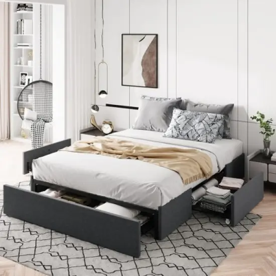 Platform Bed Frame with 3 Storage Drawers, Fabric Upholstered, Wooden Slats Support, No Box Spring Needed, Noise Free, Easy Assembly, Dark Grey image {9}
