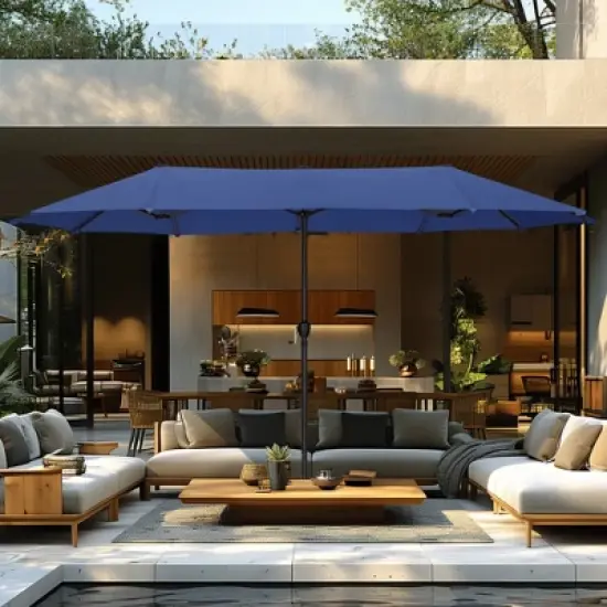 Captiva Designs 8pc Patio Dining Set with Rectangular Steel Table & Black Steel Chairs & Blue Umbrella image {14}