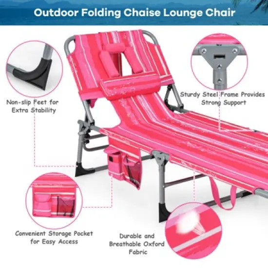 Tangkula Lounge Chair Beach Chair w/ Face Arm Hole Detachable Pillow Adjustable Backrest Side Pocket Outdoor Folding Chaise Sunbathing Chair Hot Pink image {4}