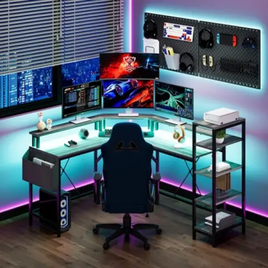 61 Inch l-Shaped Gaming Desk, Ergonomic Computer Desk, with 5-Tier Shelves, LED, Power Outlet & Storage Bag image {3}