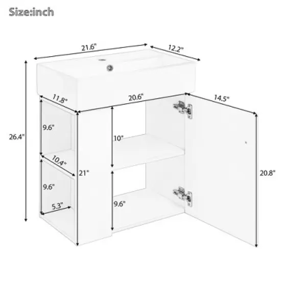 21.6'' Wall-Mounted Bathroom Vanity with Ceramic Sink, Left Side Open Storage, Wave Pattern Door, Soft-Close, Floating Cabinet image {10}