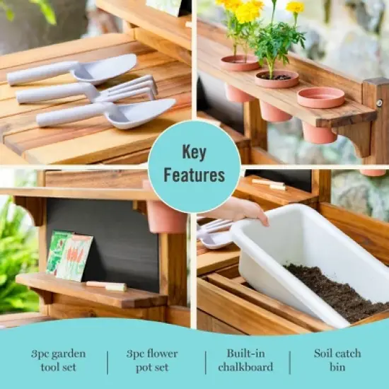 Martha Stewart Kids Outdoor Potting Bench: Acacia Wood Kids Gardening Set w/ Pots, Garden Tools, Bin & Open Shelves, Backyard Outdoor Activity Play image {3}