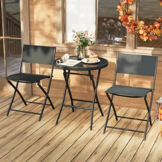 Costway 3 PCS Folding Patio Bistro Set with Tempered Glass Coffee Table & 2 Patio Chairs image {10}