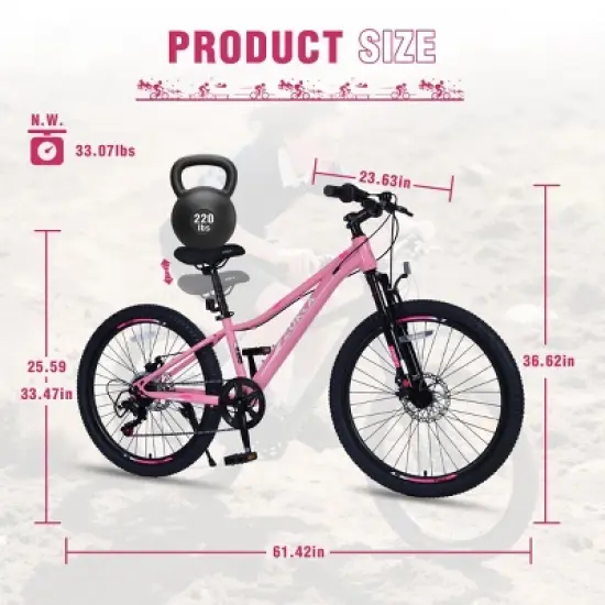INFURNIC Bicycles Mountain Bike for Girls and Boys 24 Inch Shimano 6 Speed Suspension Fork Disc Brakes, Pink, 61.42"*23.63"*36.62" image {2}