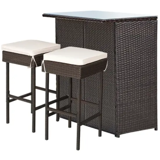 Costway 3PCS Patio Rattan Wicker Bar Table Stools Dining Set Cushioned Chairs Garden image {9}