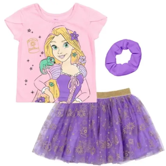 Disney Moana Princess Frozen Rapunzel Jasmine Belle Girls T-Shirt Tulle Skirt and Scrunchie 3 Piece Outfit Set Toddler image {9}