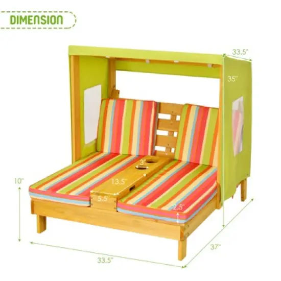 Tangkula Kids Patio Double Chaise Lounge Outdoor Wooden Recliner w/Canopy & Cup Holder image {1}
