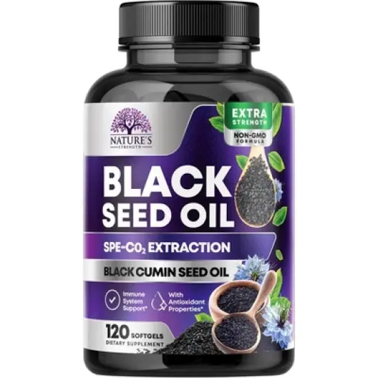 Black Seed Oil Capsules 1000mg, Skin Health & Immune 100% Blackseed Oil, Amazing Extraction Cold Pressed & Pure, 120 Softgels By Nature's Strength image {9}