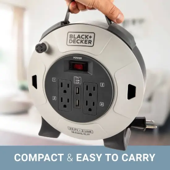 BLACK+DECKER 25' Cord Reel 16AWG 4 Outlets + 2 USB image {4}