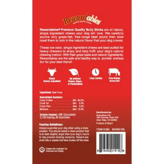 Rewardables 4" to 6" Bull Stick Beef Flavored Dog Treat - 6.5oz image {2}