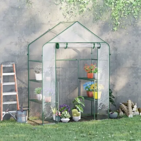 Outsunny 56" x 29" x 77" Mini Greenhouse, Walk-in Greenhouse, Garden Hot House with 4 Shelves, Roll-Up Door and Weatherized Cover, Deep Green image {2}