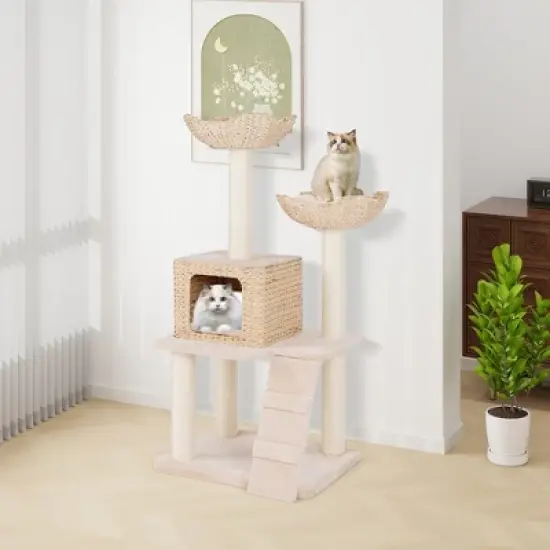 Tangkula 48" Cattail Cat Tower w/ Sisal Scratching Posts Perch Condo Basket Bed Ladder image {2}