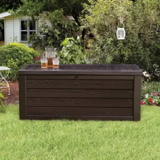 Keter Westwood Outdoor Resin 150 Gallon Deck Storage Box Organizer for Patio Furniture, Pool Toys and Yard Tools with Bench, Brown (2 Pack) image {4}