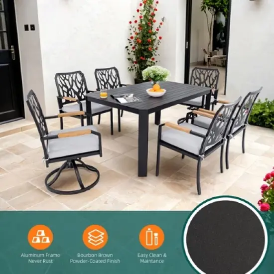 DOMETOUR 7Pcs Outdoor Patio Aluminum Dining Set, with 4 Dining Chairs & 2 Swivel Rockers, Branch-Like Backrest, Table with Umbrella Hole image {4}