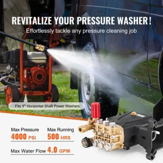 VEVOR Pressure Washer Pump, 1" Shaft Horizontal Triplex Plunger, 4000 PSI, 4.0GPM, Replacement Power Washer Pumps Kit with 5 Nozzles, Black image {2}