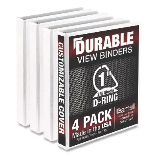 Samsill Durable D-Ring View Binders, 3 Rings, 1" Capacity, 11.5" x 8.5", White, 4/Pack image {1}