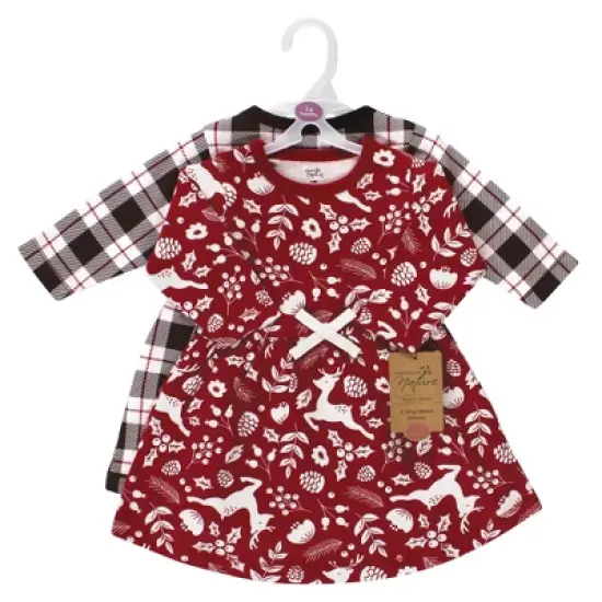Touched by Nature Infant and Toddler Girl Organic Cotton Long-Sleeve Dresses, Red Winter Folk image {1}